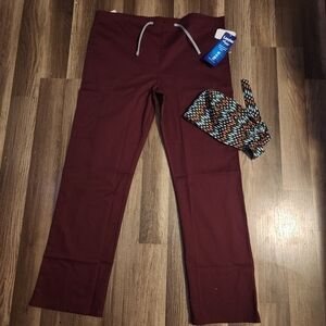 LANDAU Burgundy Scrub Pants Draw String Waist Size Small With Free Scrub Cap NWT